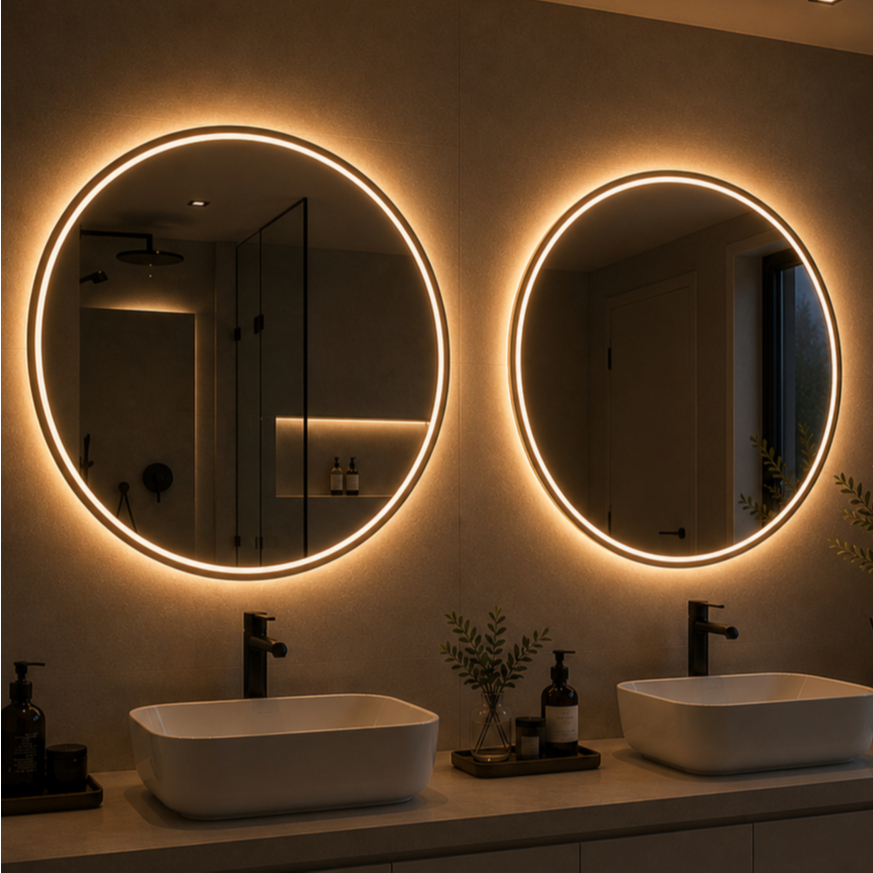 Kit com 2 Espelhos com Led 3 Cores e Botão Touch Redondo Jateados 70x70cm Lapidado Banheiro · foto 2