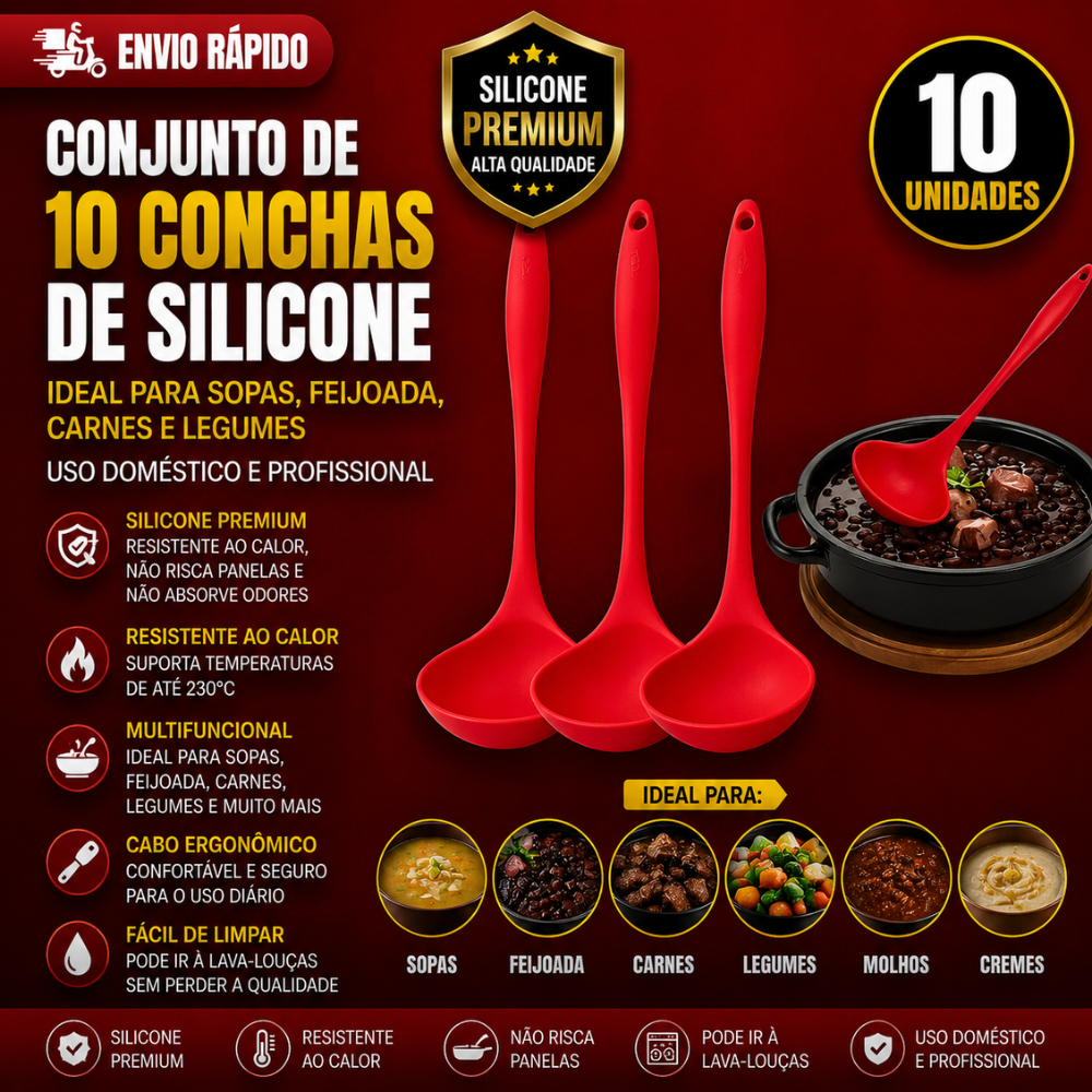 Conj10 e 5 Conchas de Silicone para Sopas Feijoada Carnes  Legumes Uso Doméstico e Profissional