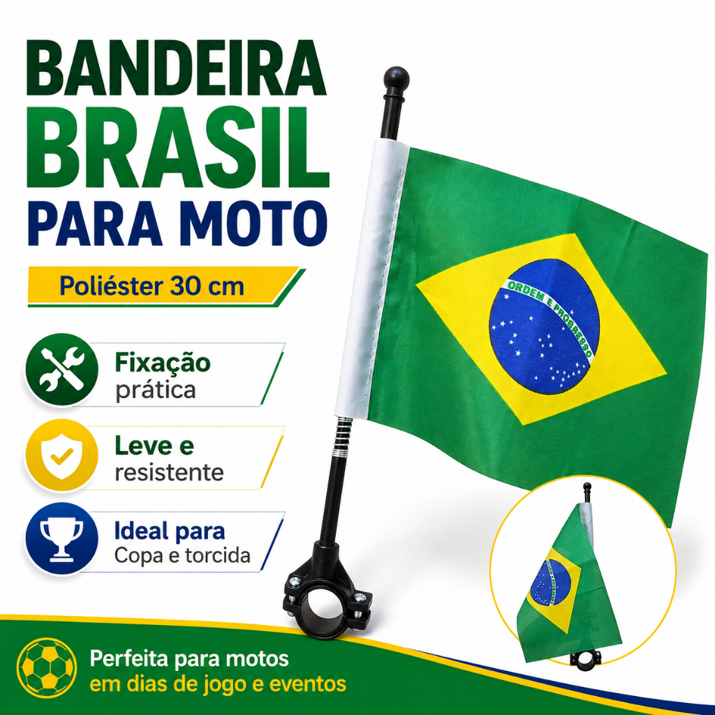 Bandeira Do Brasil Para Moto Copa Do Mundo 30cm Com Haste E Suporte