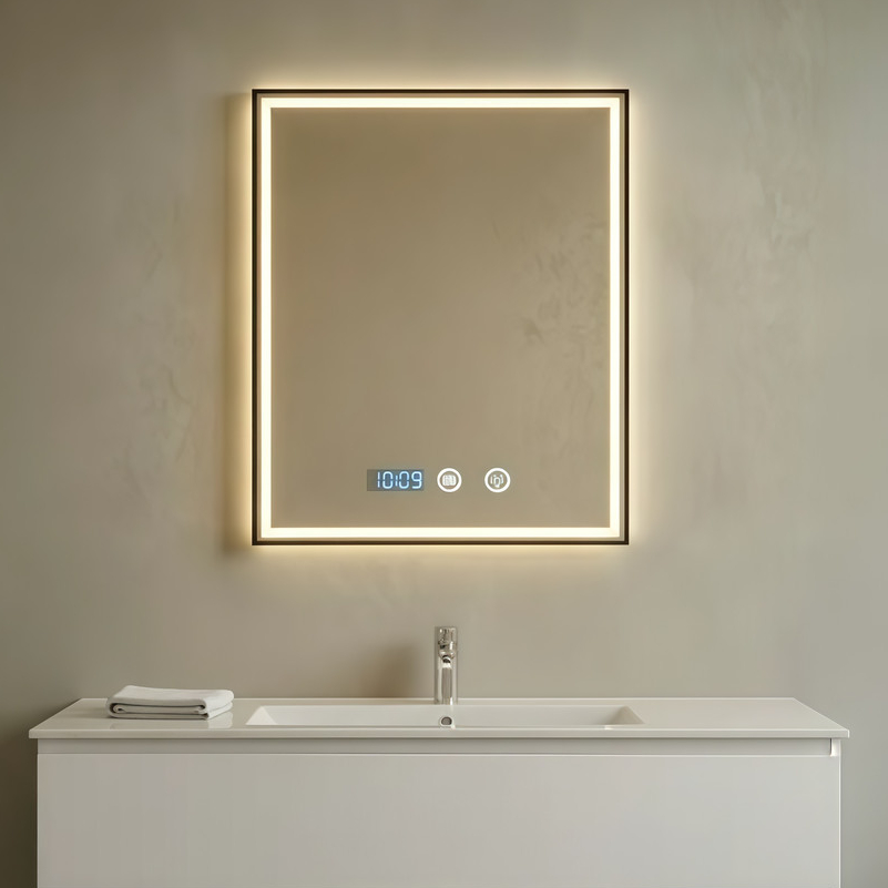 Espelho Com Led Retangular 40x60cm Relógio Temperatura Preto Para Banheiro Camarim