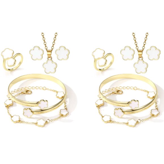 Kit de Joias Femininas 10 Peças Trevo White Premium Colar Brincos Anel Pulseiras Banhadas a Ouro 18k Moda Luxuosa Gold