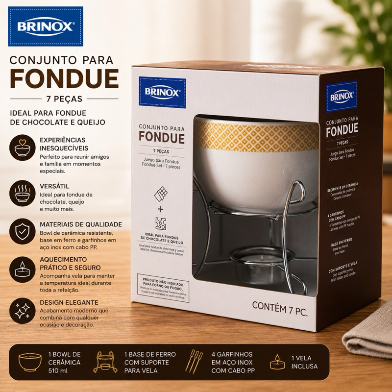 Conjunto Para Fondue Brinox 7 Peças Cerâmica Com Vela Chocolate Queijo