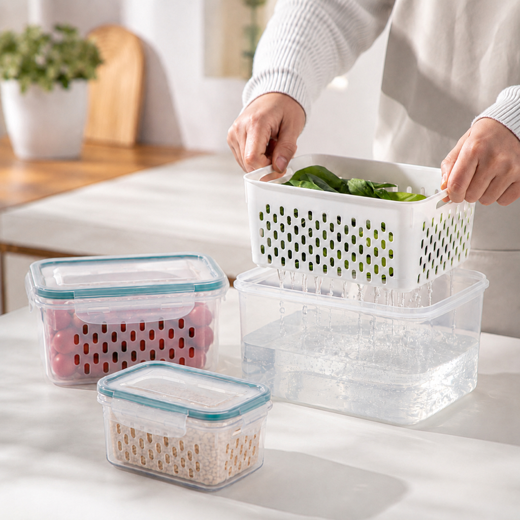 Kit 3 Potes Herméticos Com Cesto Escorredor Organizador Geladeira Frutas Legumes Grãos Cozinha