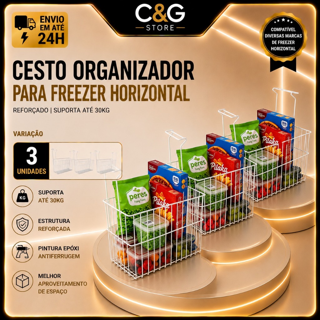 3 Unidades Cesto Organizador Refrigeração Geladeira Frezzer Polpas Picolés Sorvetes Metalfrio Electrolux Gelopar Fricon