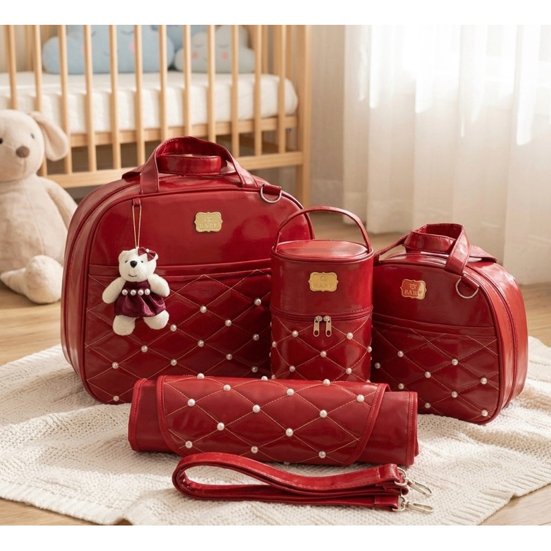 Kit de Bolsas Para Bebê Maternidade Tipo Mala Impermeável e Térmicas Com Pingente Ursinho