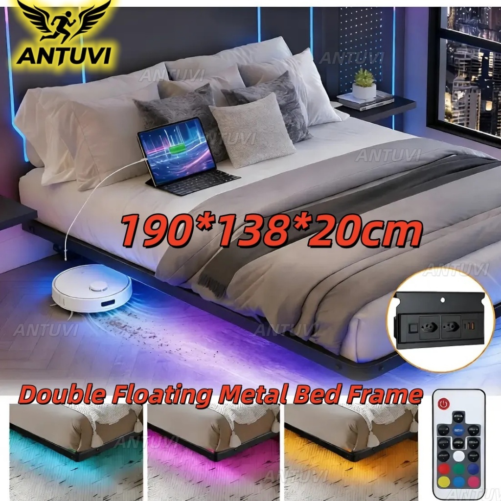 Estrutura De Cama De Metal Flutuante Casal C/tomada+rgb Led Preto Hot Wheels 190 × 138 × 20CM