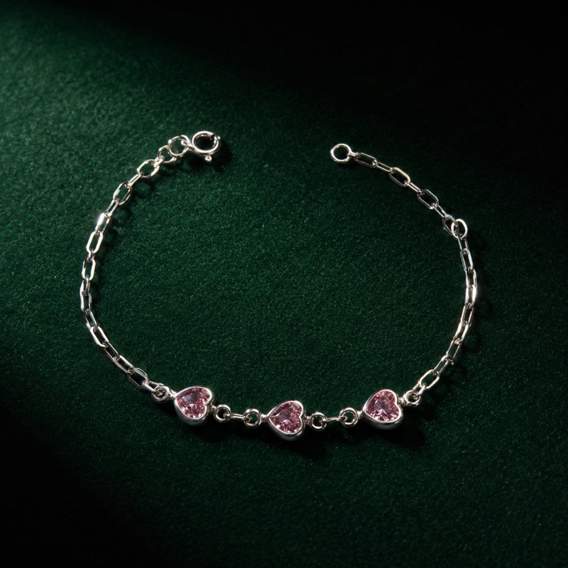 Pulseira Infantil Coração Rosa Bebê Prata 925 Delicada