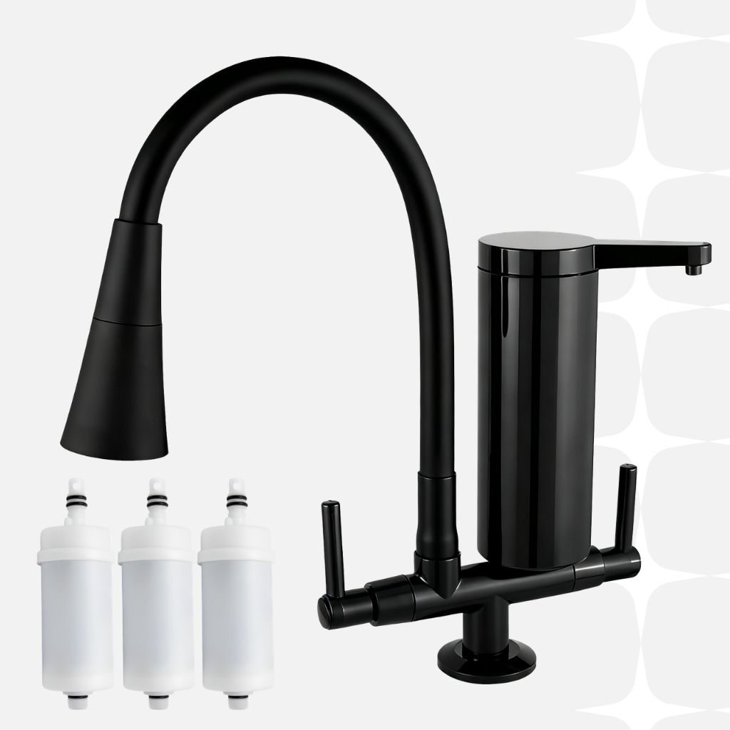 Torneira de Bancada Jato Duplo Flexível Preta 2 Jatos Cozinha Bancada Filtro Gourmet Abs + 3 Refil