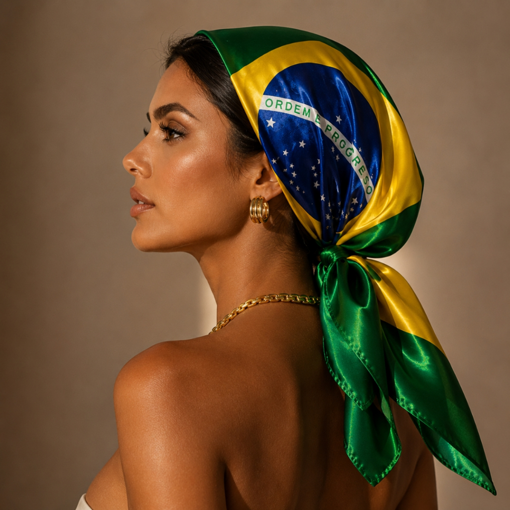 Lenço Feminino Cetim Toque Suave 90x90cm Verde Amarelo Azul Branco Bandeira Do Brasil Xale Brazuca Bandana