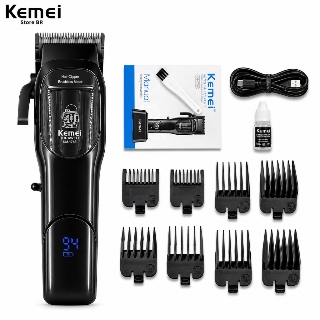 Kemei-Electric Barber Clipper com suporte de carregamento, USB Pro,  Bldc, KM-1766 Bivolt 110v- 220v