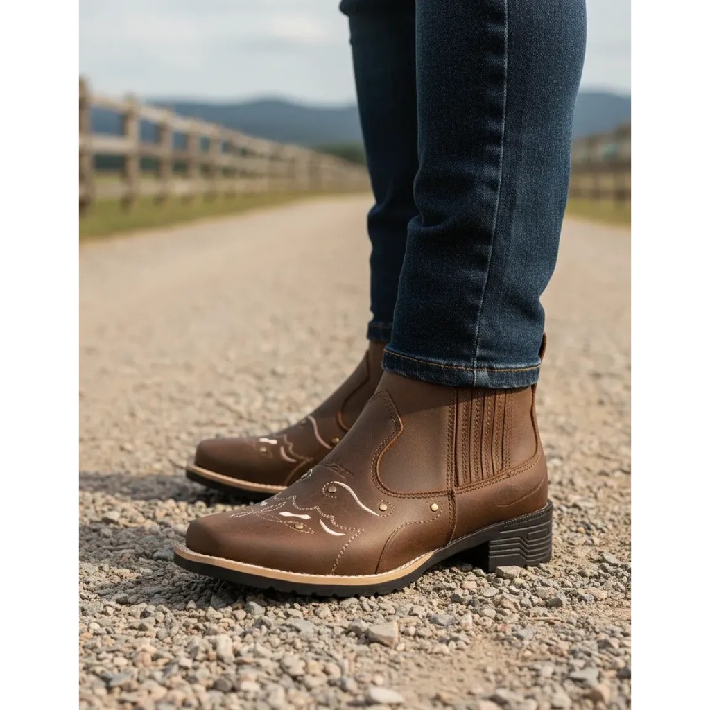 Botina Feminina Zebu Mustang Terra Bico Quadrado Couro Bovino Ideal Para Ambiente Rural