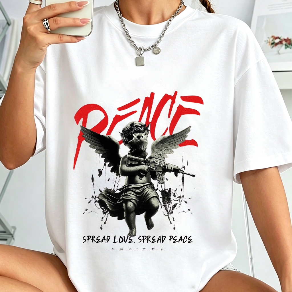 Camiseta 100% Algodão Anjo da Paz Spread Love Streetwear, Unissex,Plus Size P ao G3