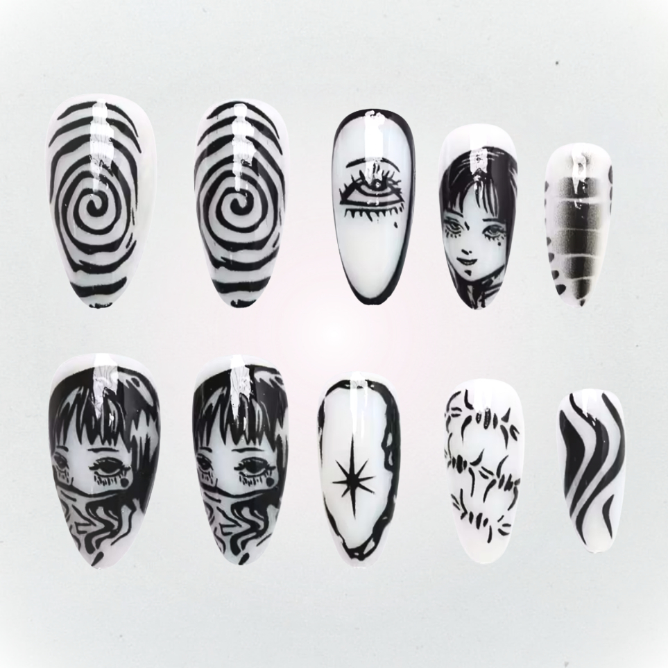 PRESS ON NAILS JUNJI B&W ASPIRAL | UNHAS POSTIÇAS DECORADAS | DOUYIN ✦