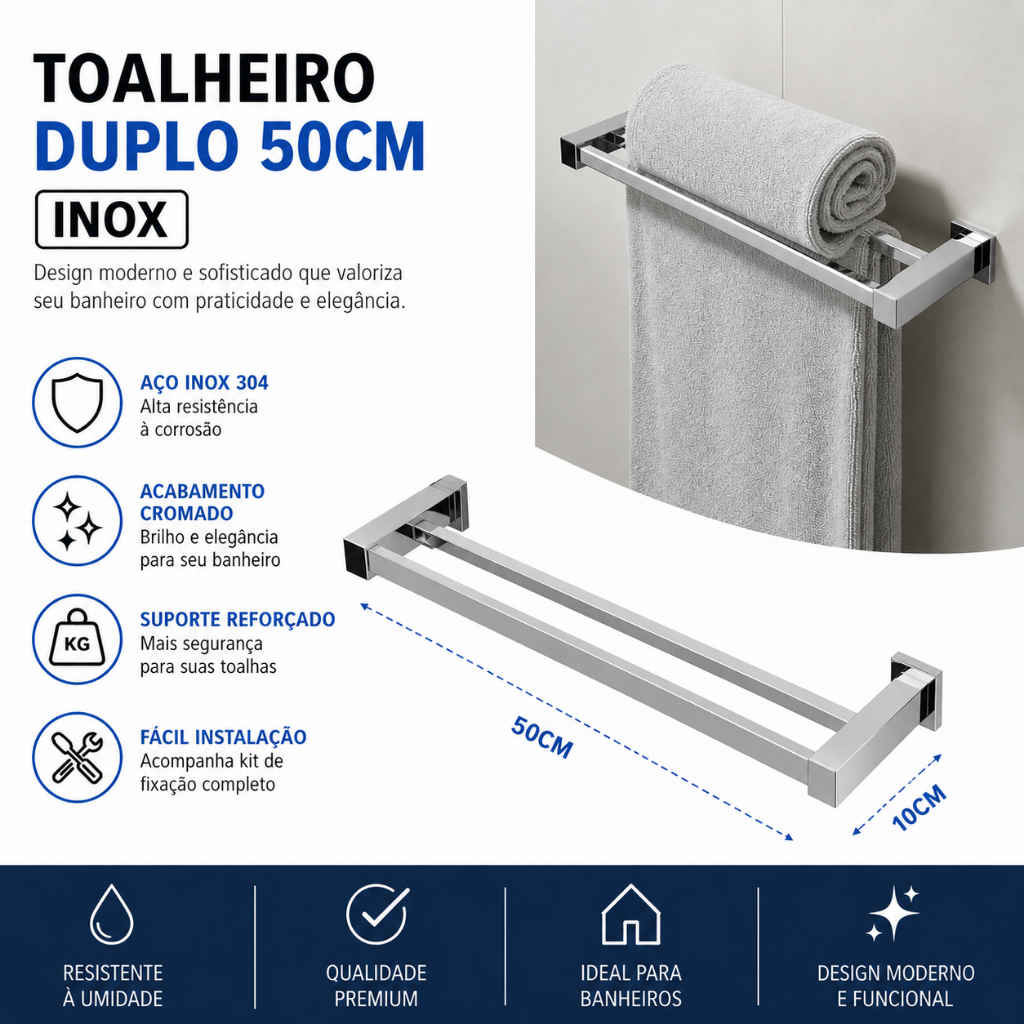 Porta Toalha Duplo De Banheiro 50cm Aço Inox 304 Q-TD50