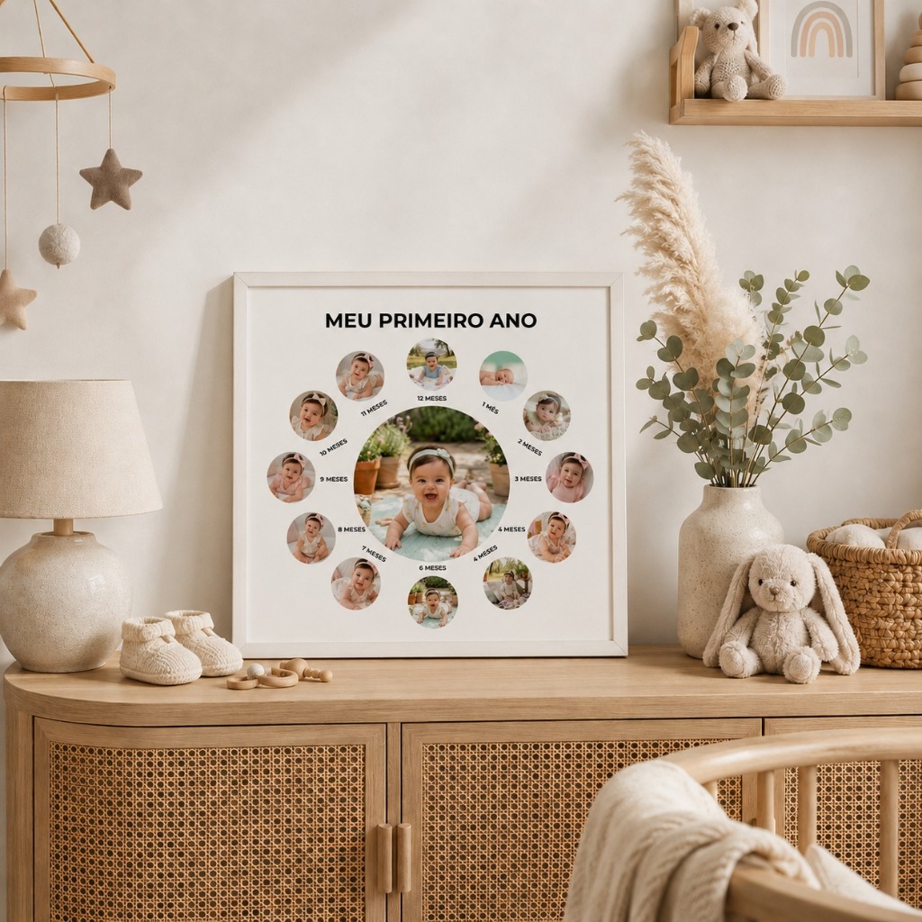 Quadro Personalizado Meu Primeiro Ano do Bebê com Fotos Mês a Mês 1 Ano Decoração Infantil