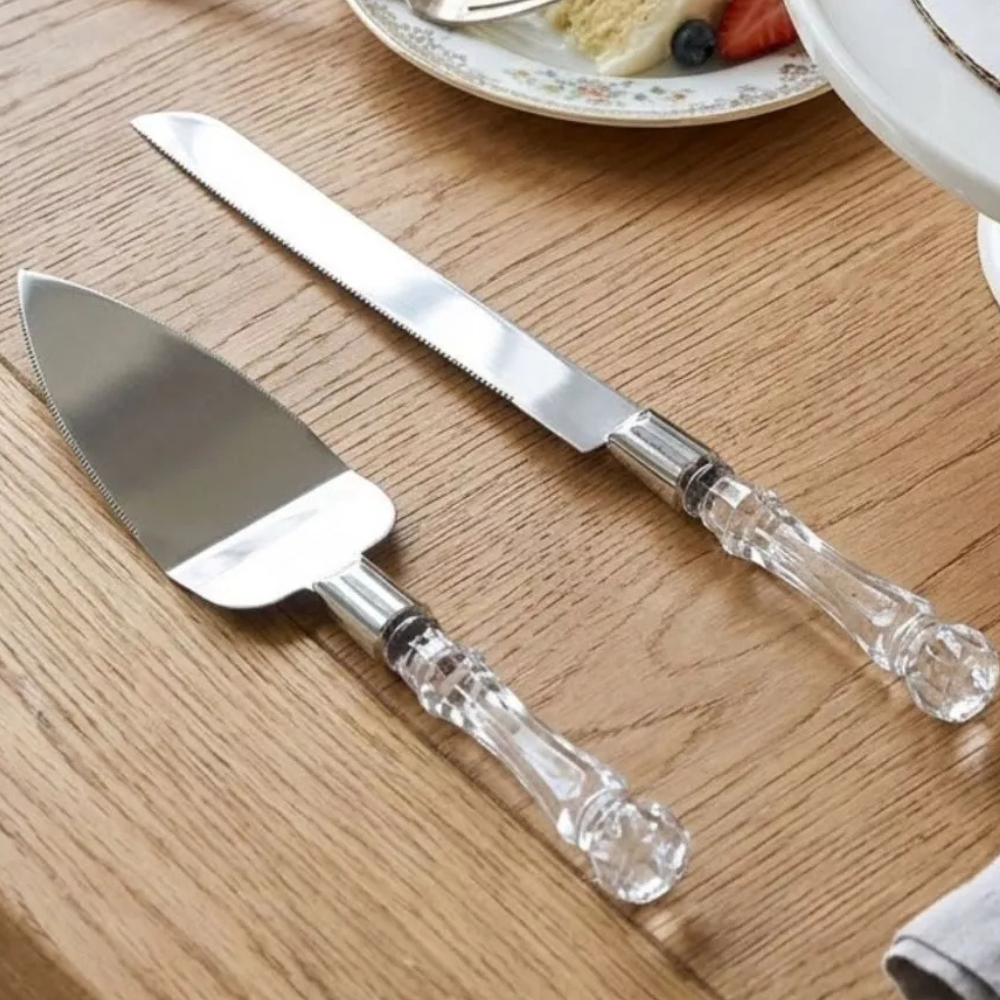 Kit Conjunto Talheres Faca Espátula Bolo Pães Torta Aço Inox Cabo Acrílico Para - Kit Faca Espátula Bolo Pães Torta Aço