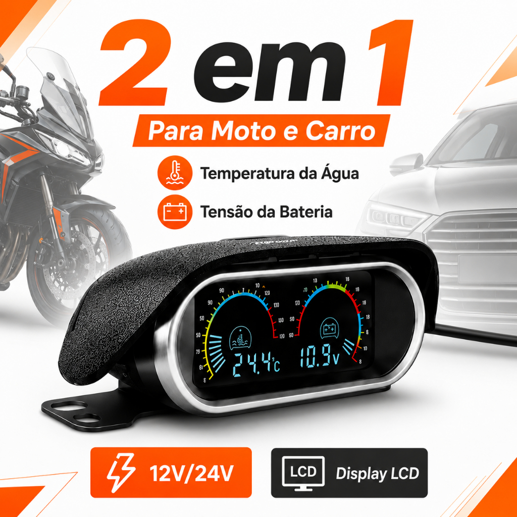 👉 Voltímetro Moto 12V Painel Digital 2 em 1 – Medidor de Bateria e Temperatura Automotivo Carro Universal LCD