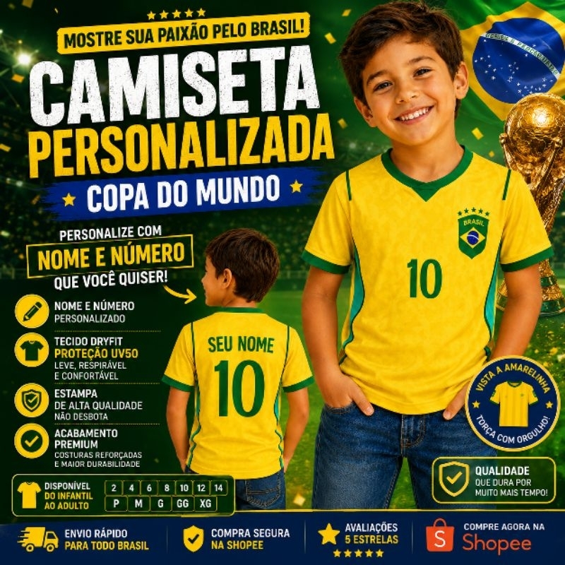 Camiseta Infantil do Brasil Copa do Mundo com Seu Nome Camisa Copa Personalizada com Nome Infantil e Adulto Hexa — R$ 55,00 em Shopee, 39% OFF