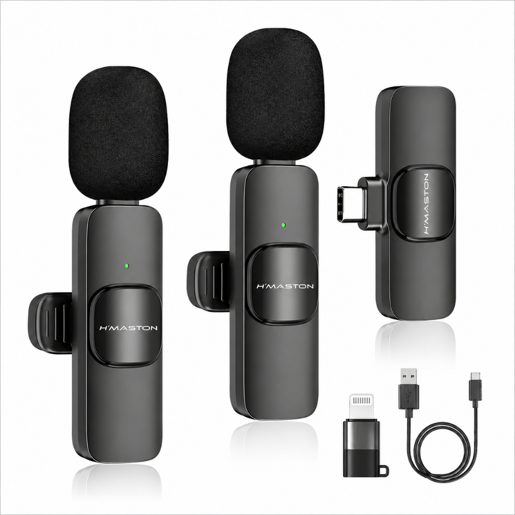 Microfone de Lapela Sem Fio H'Maston para iPhone e Android Type-C com Cancelamento de Ruído