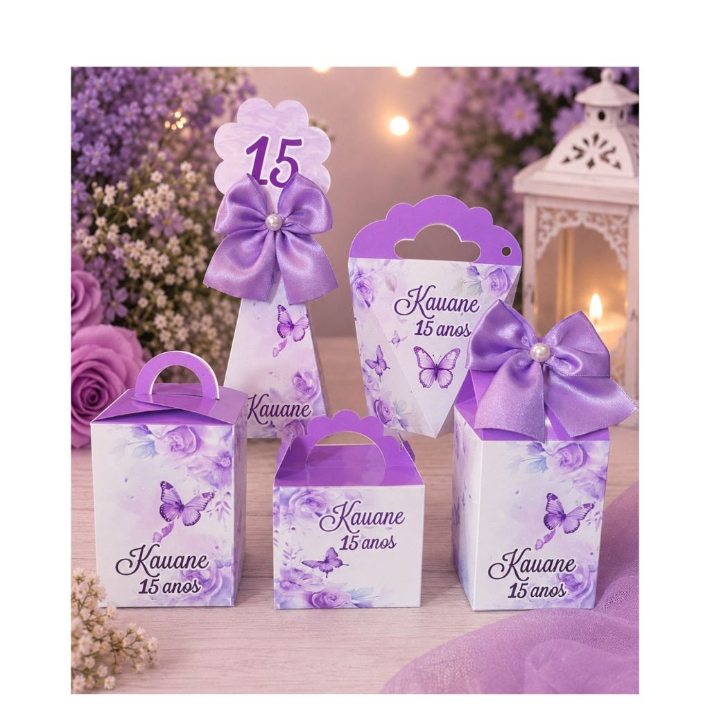 KIT PEGUE E MONTE - Kit festa Jardim das Borboletas Lilas Caixas Personalizada Lembrancinhas Jardim Encantado, 15 anos