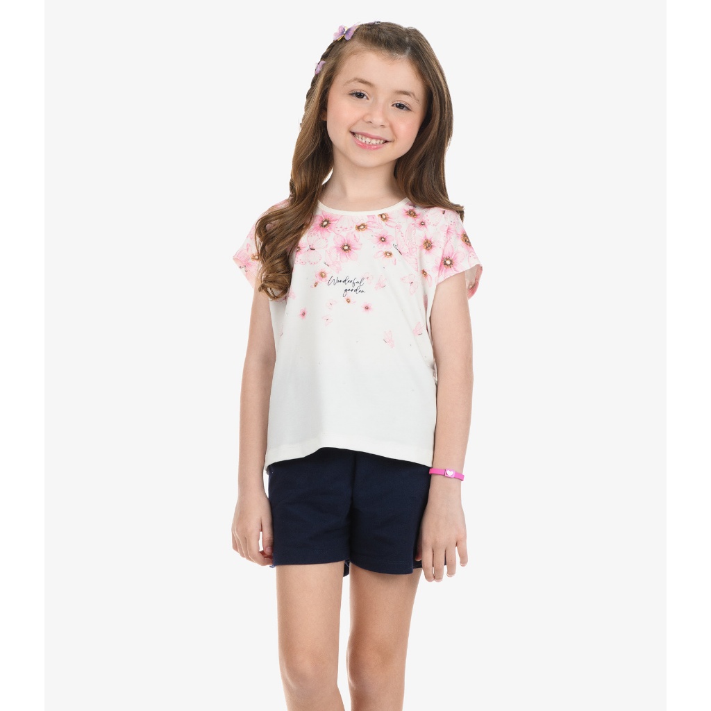 Conjunto Infantil Feminino Rovi Kids Blusa Floral Manga Curta e Shorts Casual Menina