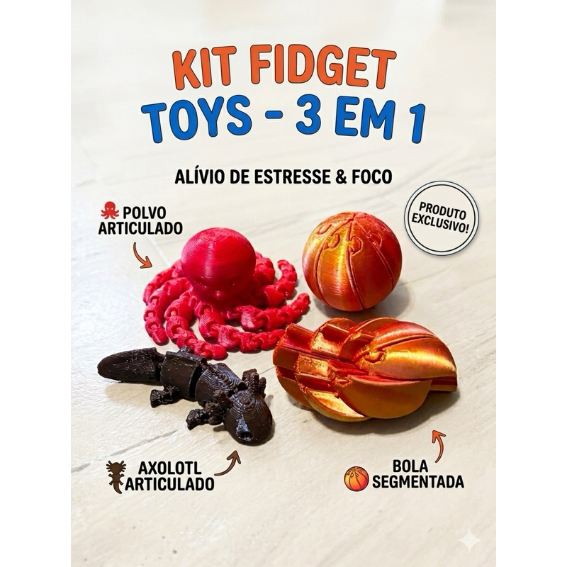 Kit Sensorial Anti-Stress: Polvo e Axolote Articulados + Bola Segmentada