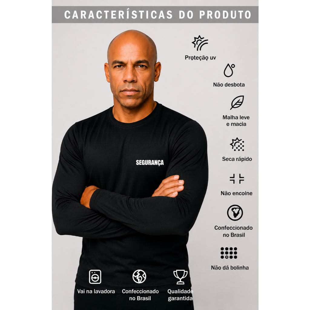 Camiseta  Uniforme Profissional Empresa de Segurança Fardamento Farda Camisa Manga Longa Preta Logo