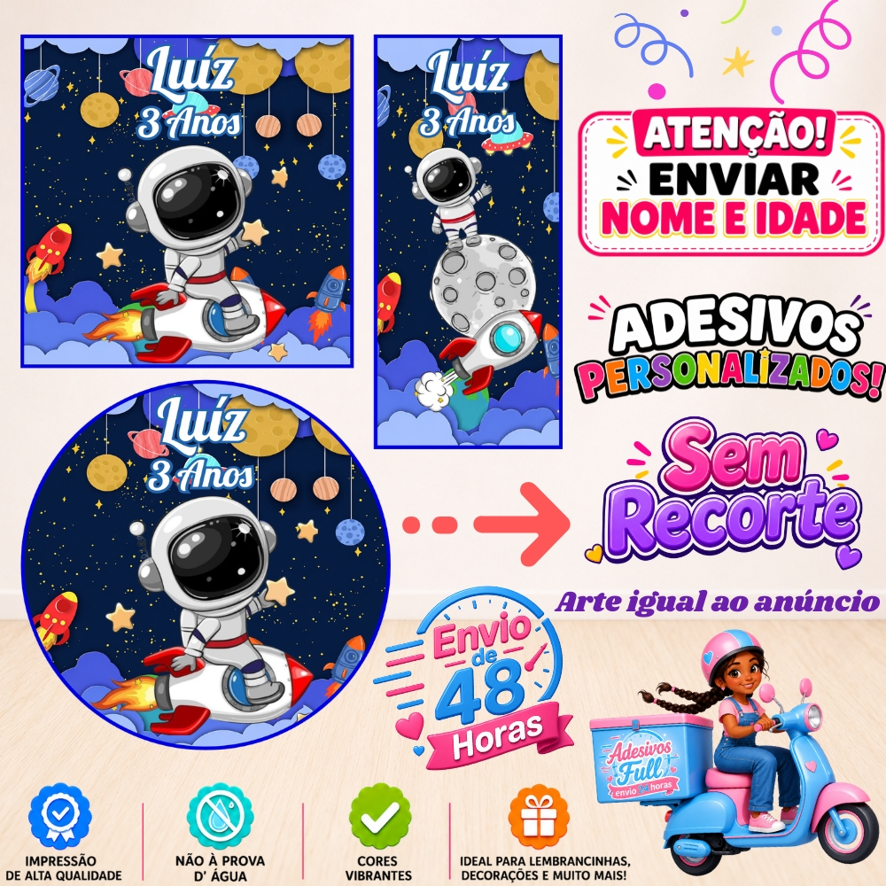 Astronauta - 100/60/40 Adesivos Personalizados Lembrancinhas Festa Aniversário