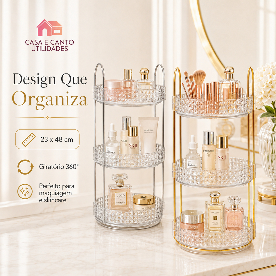 Organizador 360º de Acrílico com Alça Dourada Caixa Porta Treco Multiuso Skincare Maquiagem Banheiro