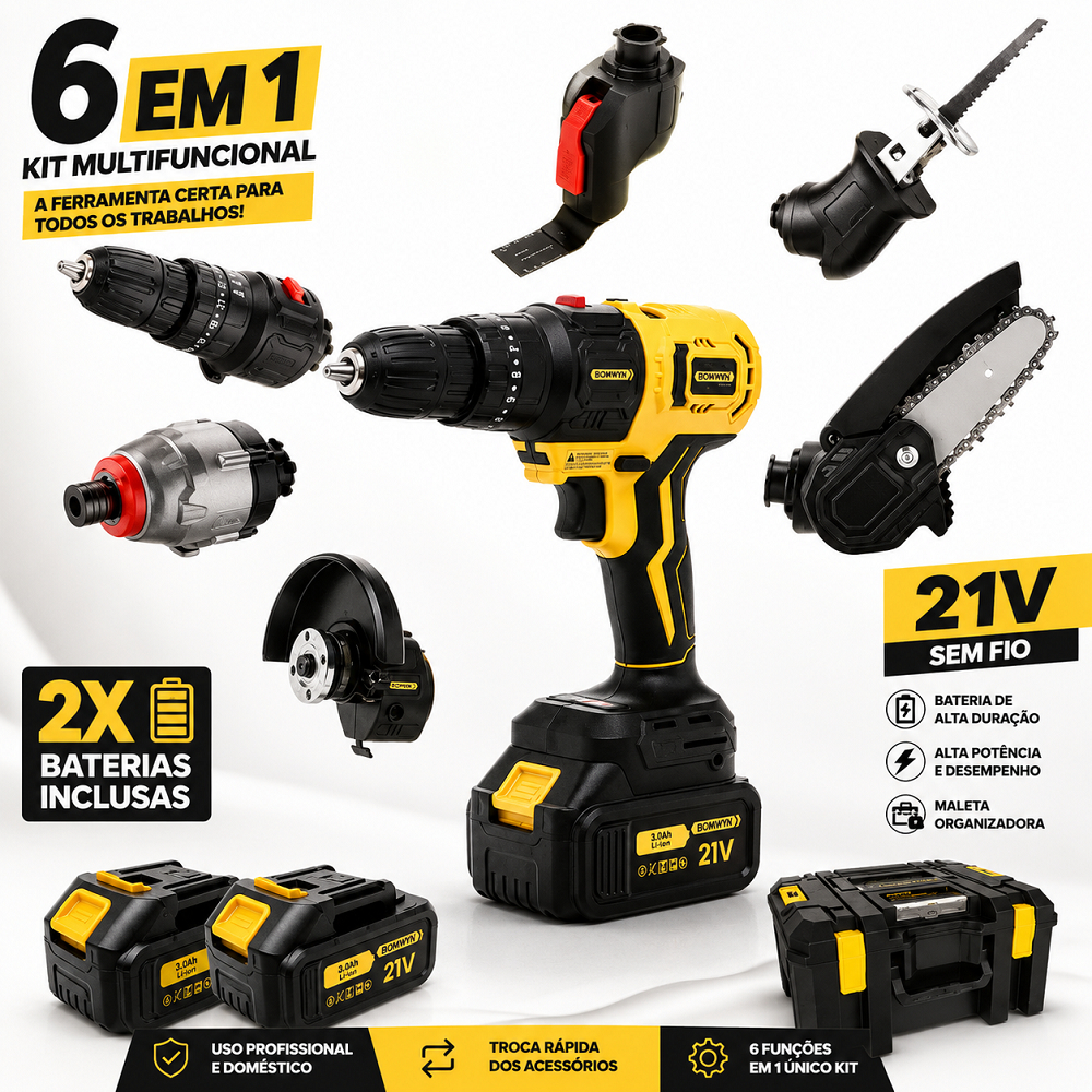 Kit de ferramentas 6 em 1 multifuncional Portátil com 2 baterias 21V - Bivolt