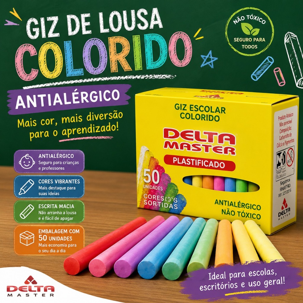🎨 Giz de Lousa Colorido Antialérgico Delta Caixa com 50 Unidades | Escolar, Desenho e Artes