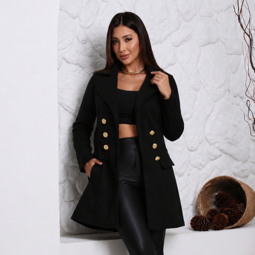 Casaco sobretudo Blazer Feminino Elegante com bolsos inverno Preto