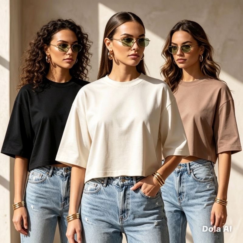 Kit Cropped Feminino Camiseta Oversized Larguinho Casual/Academia/Rua/Streetwear/Diaadia.