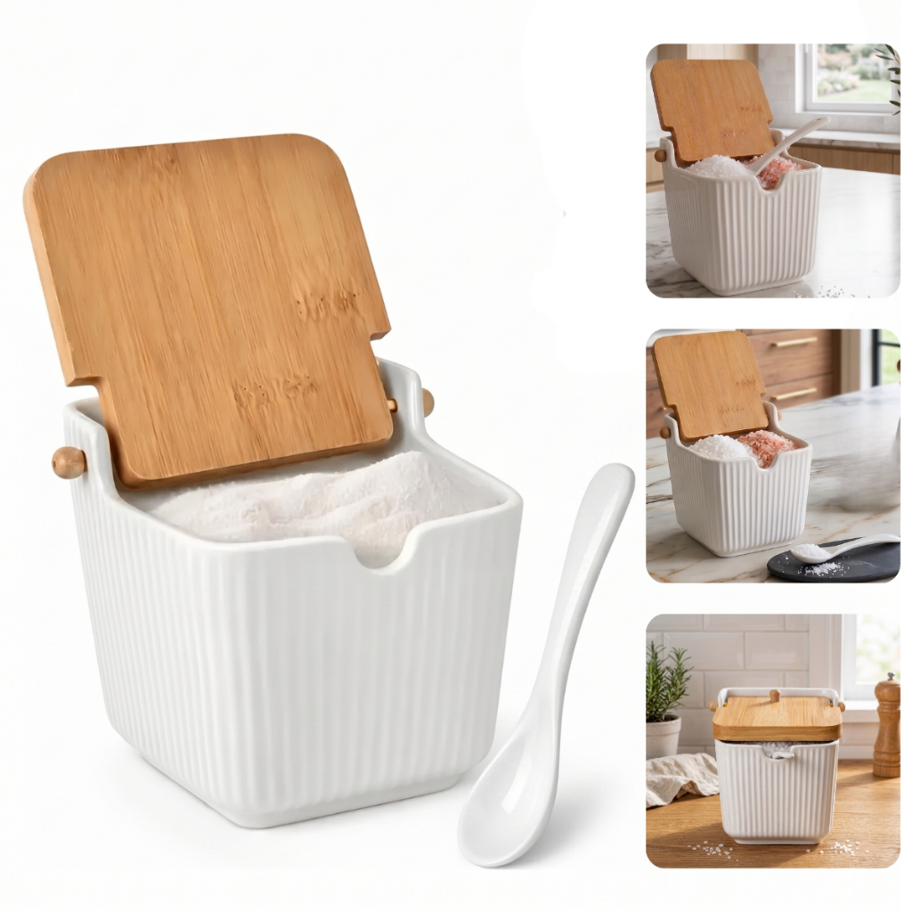 Saleiro De Porcelana Branco Com Colher Tampa Em Bambu 300ml Premium Liso Ou Canelado