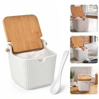 Saleiro De Porcelana Branco Com Colher Tampa Em Bambu 300ml Premium Liso Ou Canelado