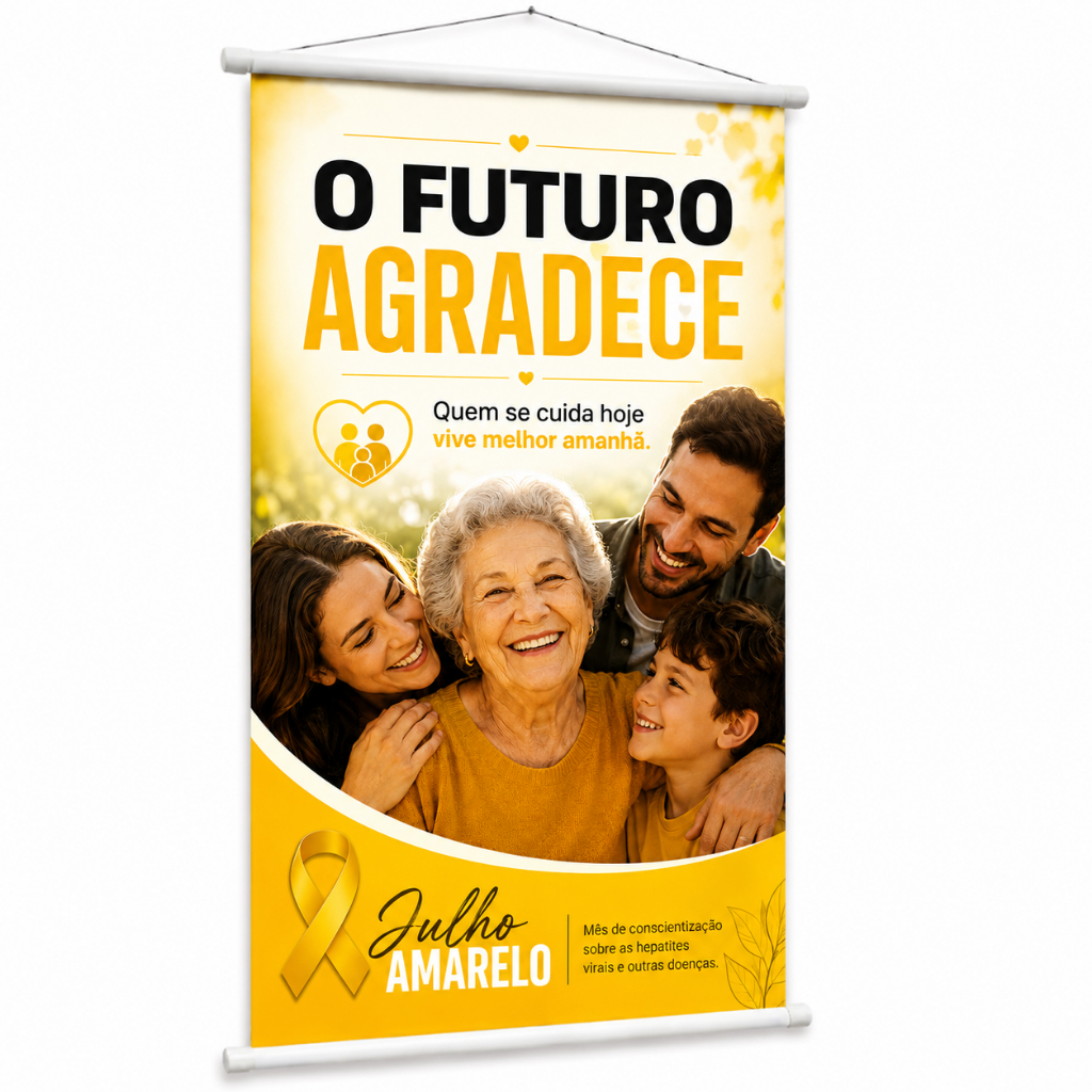 Banner Julho Amarelo Prevenção Hepatites Virais produzido em lona. Cartaz Divulgação Hospital Clínicas Empresas Pub1062