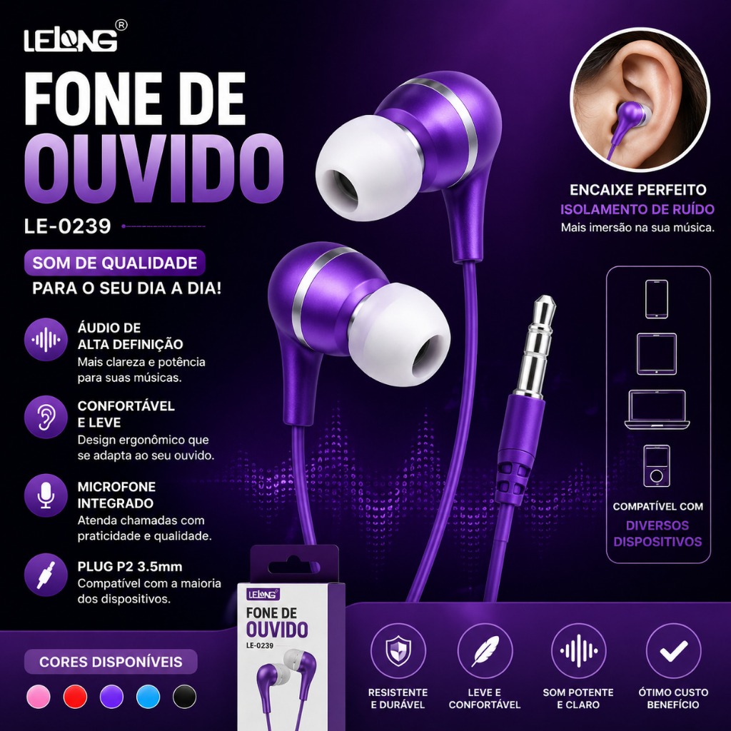 Fone De Ouvido Simples Lelong LE-0239 Intra Auricular Colorido P3 Celular Notebook Barato Atacado