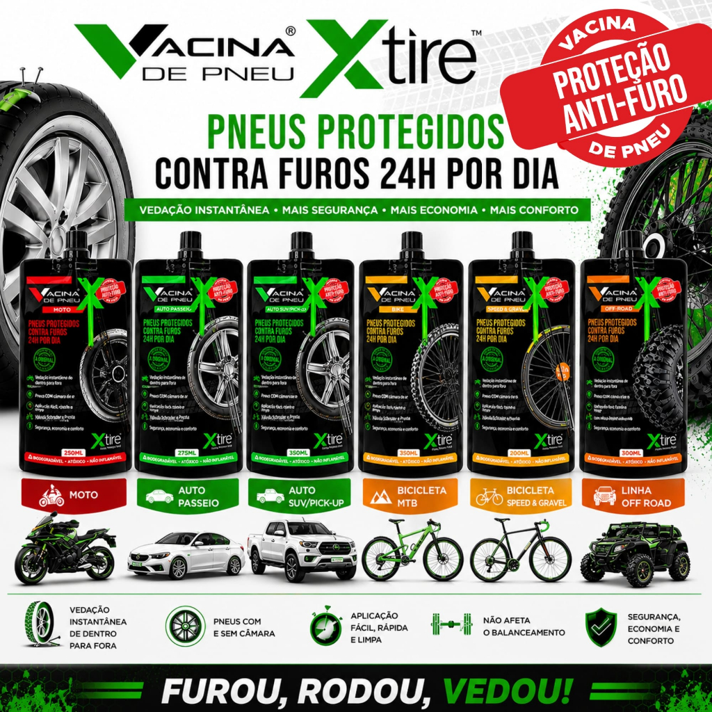 Vacina de Pneu Xtire Selante Anti furo Proteção contra Furos Para Moto Carro e Bike Off Road