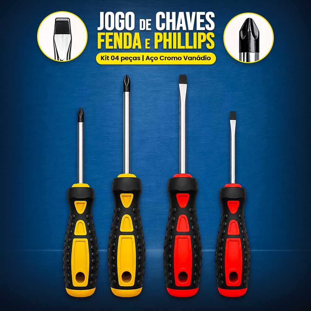 Jogo de Chaves de Fenda e Phillips 4 Peças Magnéticas Aço Cromo Vanádio Cabo Emborrachado