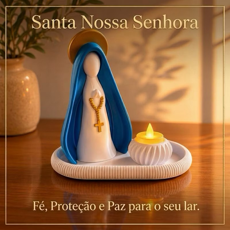 Estátua Nossa Senhora Aparecida Decorativa Com Bandeja Porta Vela Led Imagem Religiosa Católica Lembrancinha Presente