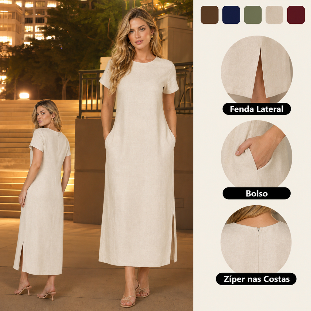 Vestido Feminino Linho Vinho Manga Curta Longo Forrado Bolso Fenda Lateral Zíper Costas Elegante Verão