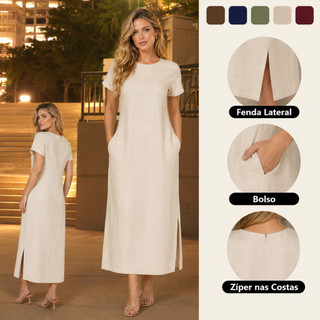 Vestido Feminino Linho Vinho Manga Curta Longo Forrado Bolso Fenda Lateral Zíper Costas E…