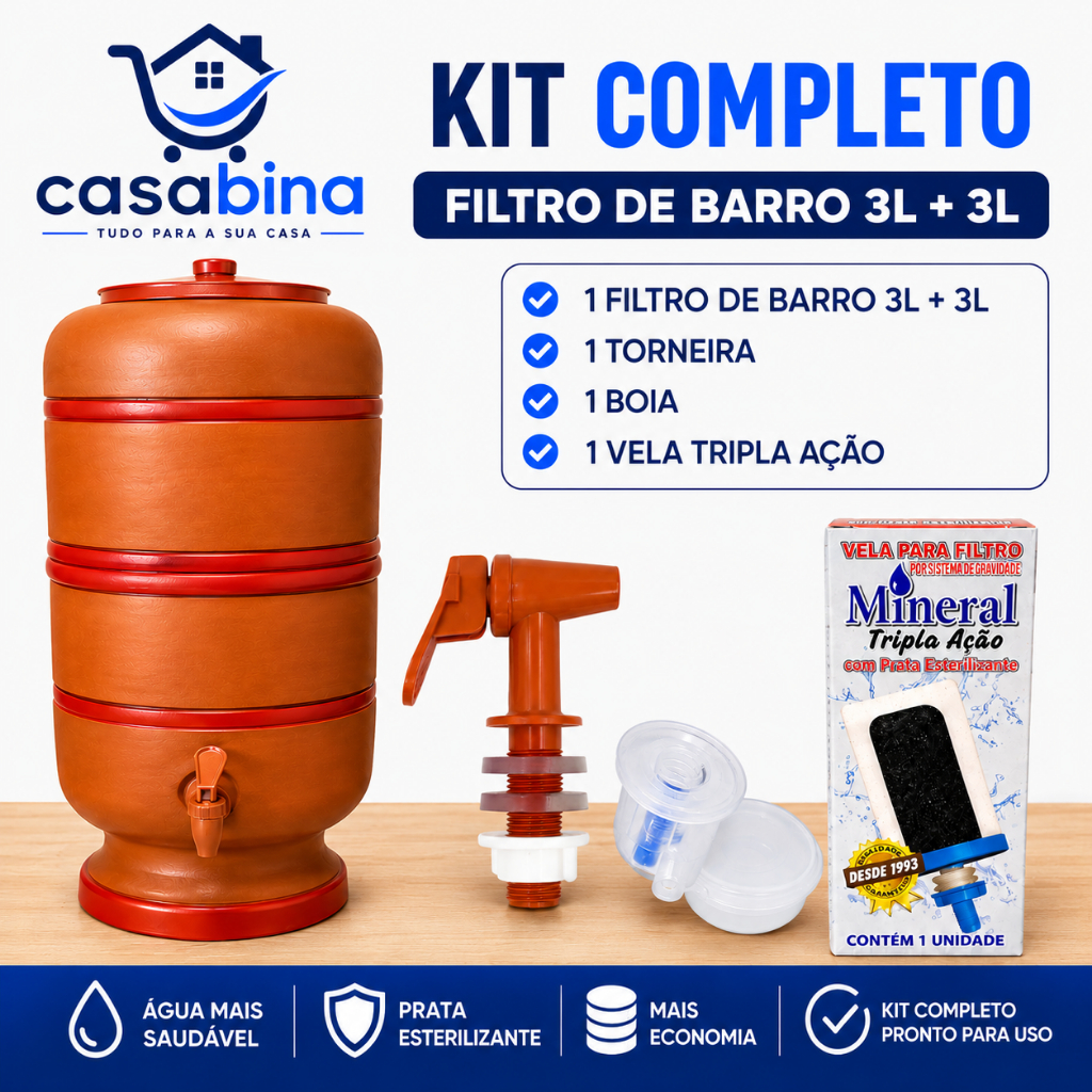 Filtro de Barro Completo 3 Litros + 3 Litros com Vela Tripla, Boia e Torneira