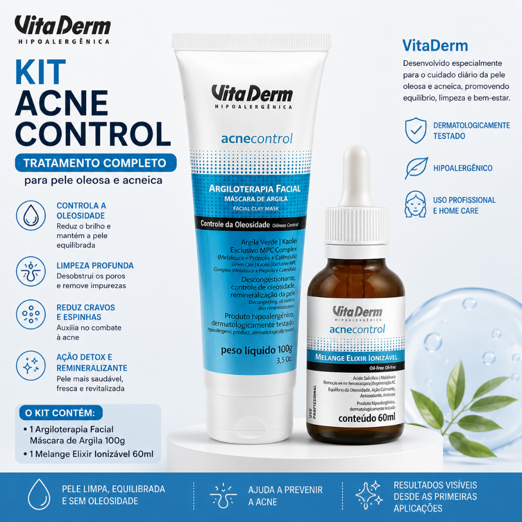 Kit Acne Control Vita Derm Equilibra a Pele e Reduz a Acne