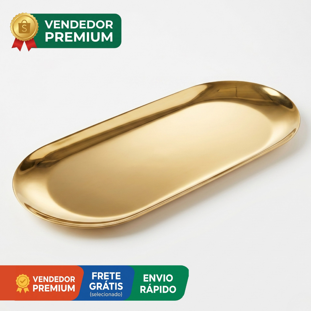 Kit Bandeja Oval Dourada Espelhada Aço Inox Cozinha Banheiro Decoração Luxo Petisco Entrada Lavabo