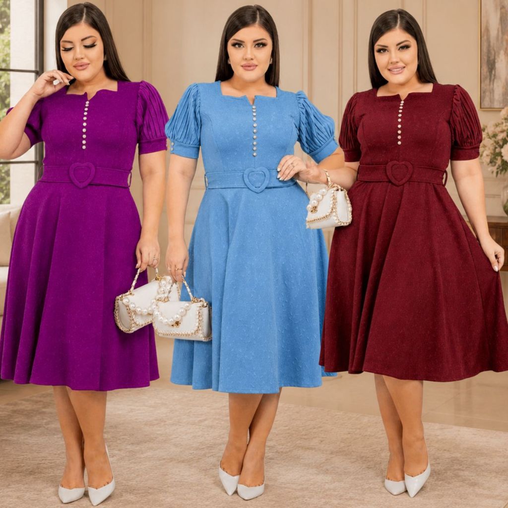 Vestido Evangélico Midi Godê com Cinto Pérolas Gola Detalhe Elegante  Comportado