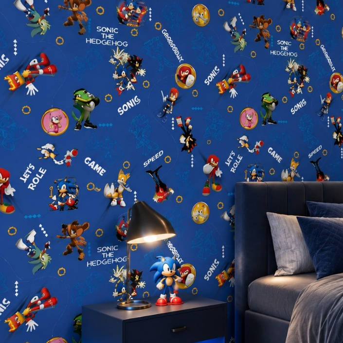 Papel de Parede Adesivo Sonic Shadow the Hedgehod Amy Rose Infantil Azul Vinil Adesivo Quarto Gamer