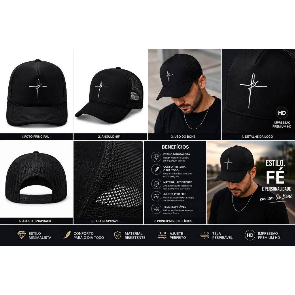 Boné Trucker Fé Masculino Feminino Preto Aba Curva Tela Respirável Ajustável Snapback Premium Cristão Casual Trucker