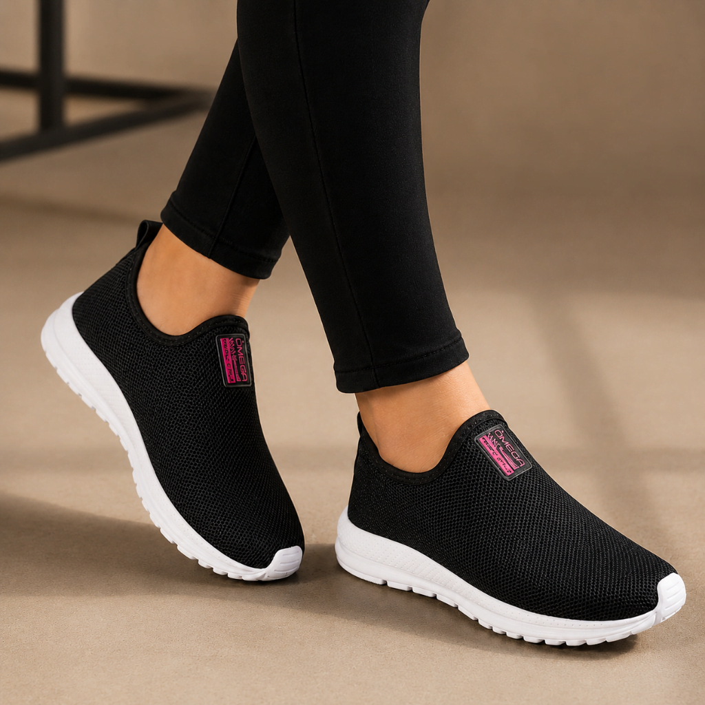 Tênis Meia Feminino preto Ortopédico Calce Fácil Botinha Sneaker Slip On Casual Confortável Academia