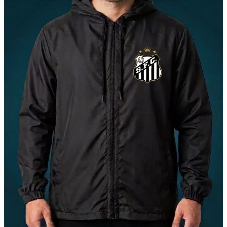 Jaqueta Corta Vento ESTAMPADO Santos Fc Masculina Preta Com Capuz — imagem 1